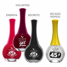 Imagen de PACK VOGUE ESMALTE GEL ENERGIA + VOLUNTAD + SECRETO + BRILLO SECADO