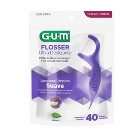 Imagen de GUM HILO DENTAL MANGO FLOSSER ULTRADESLIZANTE MENTA 887 [40 uni.]