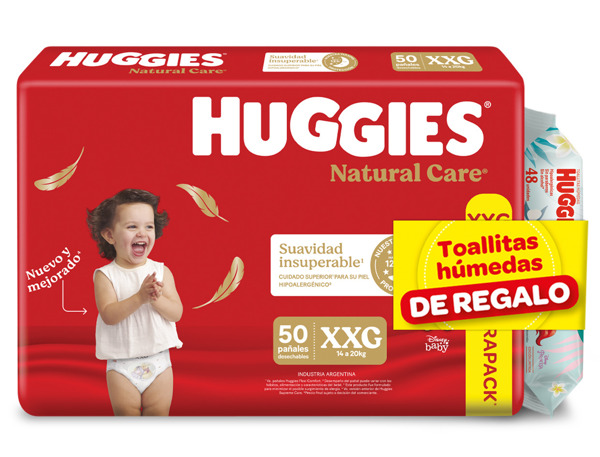 Imagen de HUGGIES NATURAL CARE MEGA XXG+TOALLITAS HUMEDAS PACK XXG [50+48uni]